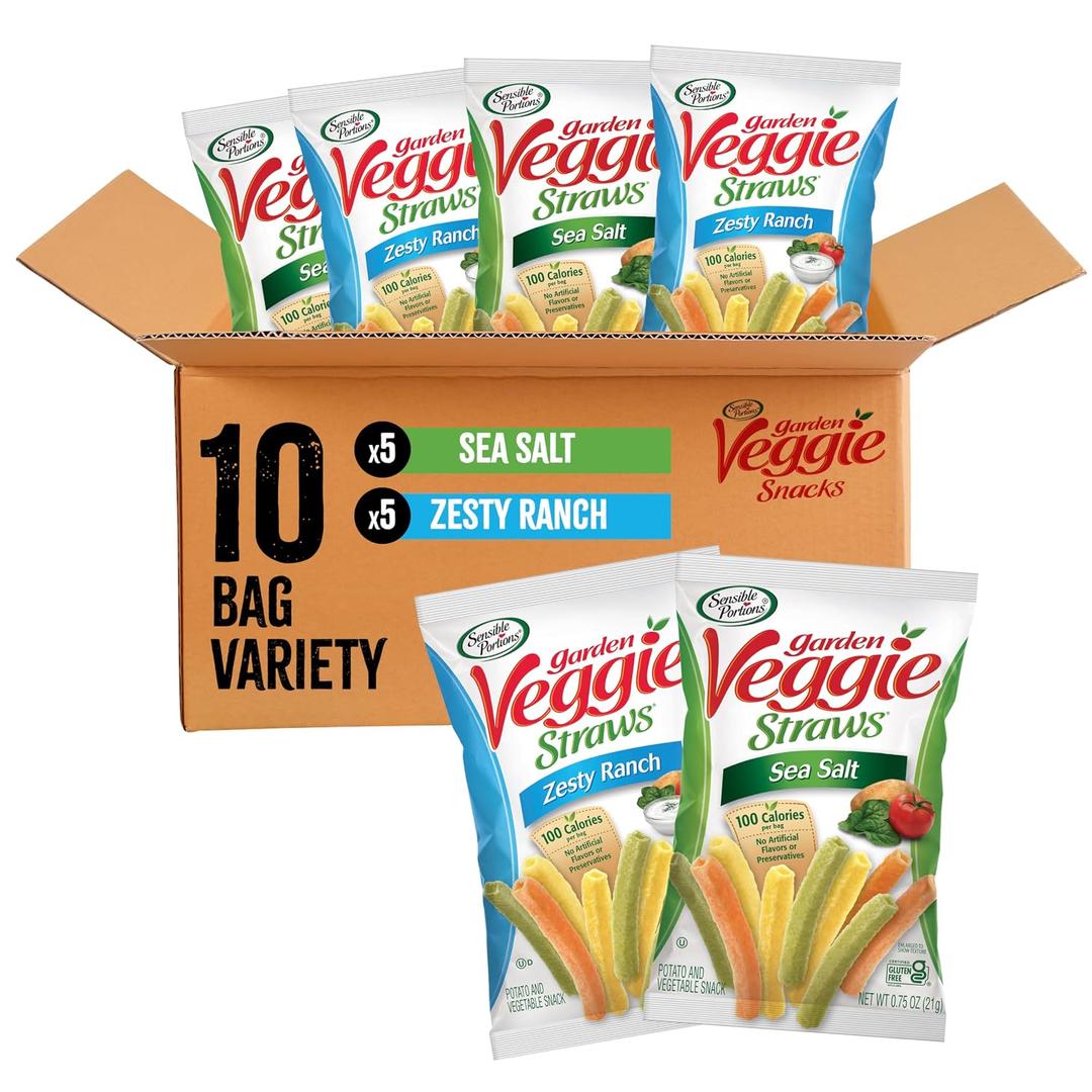 Sensible Portions Veggie Straws Multi-Pack, Sea Salt and Zesty Ranch Flavor, Gluten-Free Chips, Individual Snacks, 0.75 Ounce Bag, 10-Pack (EXP 09/26/29)