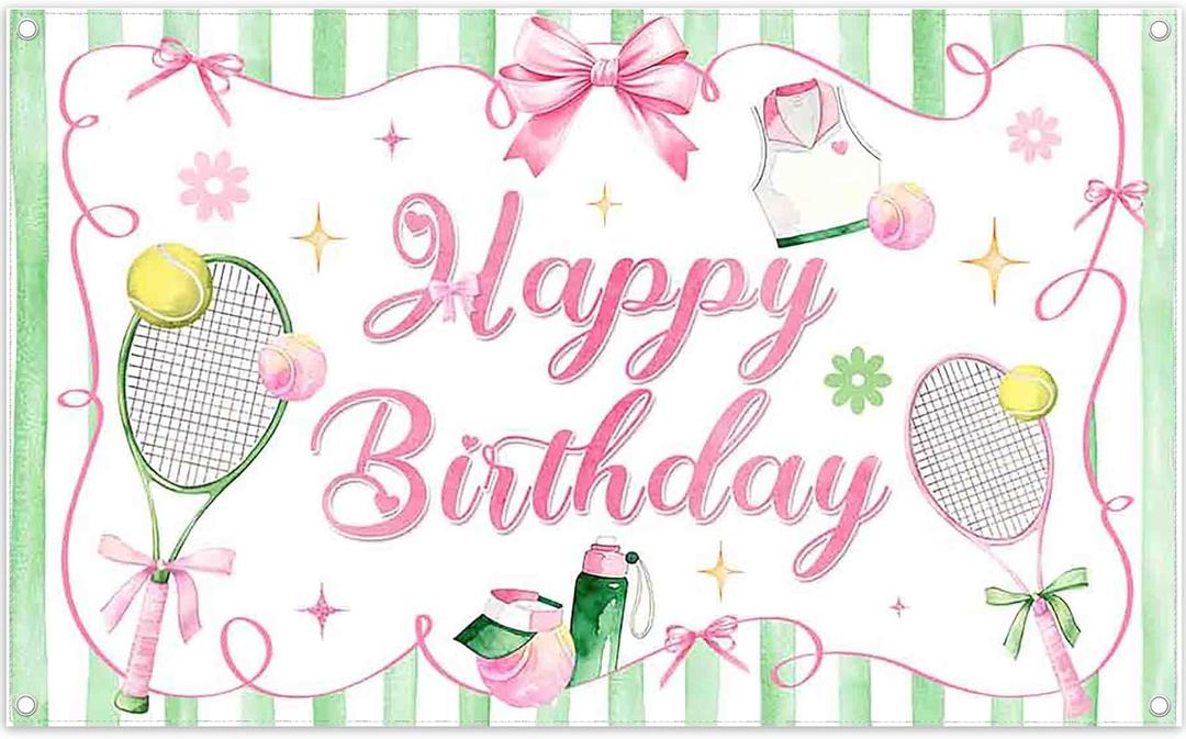 ZTHMOE 72x43inch Fabric Tennis Bow Happy Birthday Backdrop Pink Ball Sports Stadium Game Photography Background Teens Girls Party Decorations Outdoor Indoor Photo Props