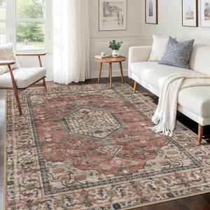 KUTA Vintage Area Rug 5x7 Terracotta, Washable Rugs for Living Room Ultra Soft Non-Slip Printed Tribal Traditional Farmhouse Carpet for Bedroom Dining Room Dorm Office Home Decor