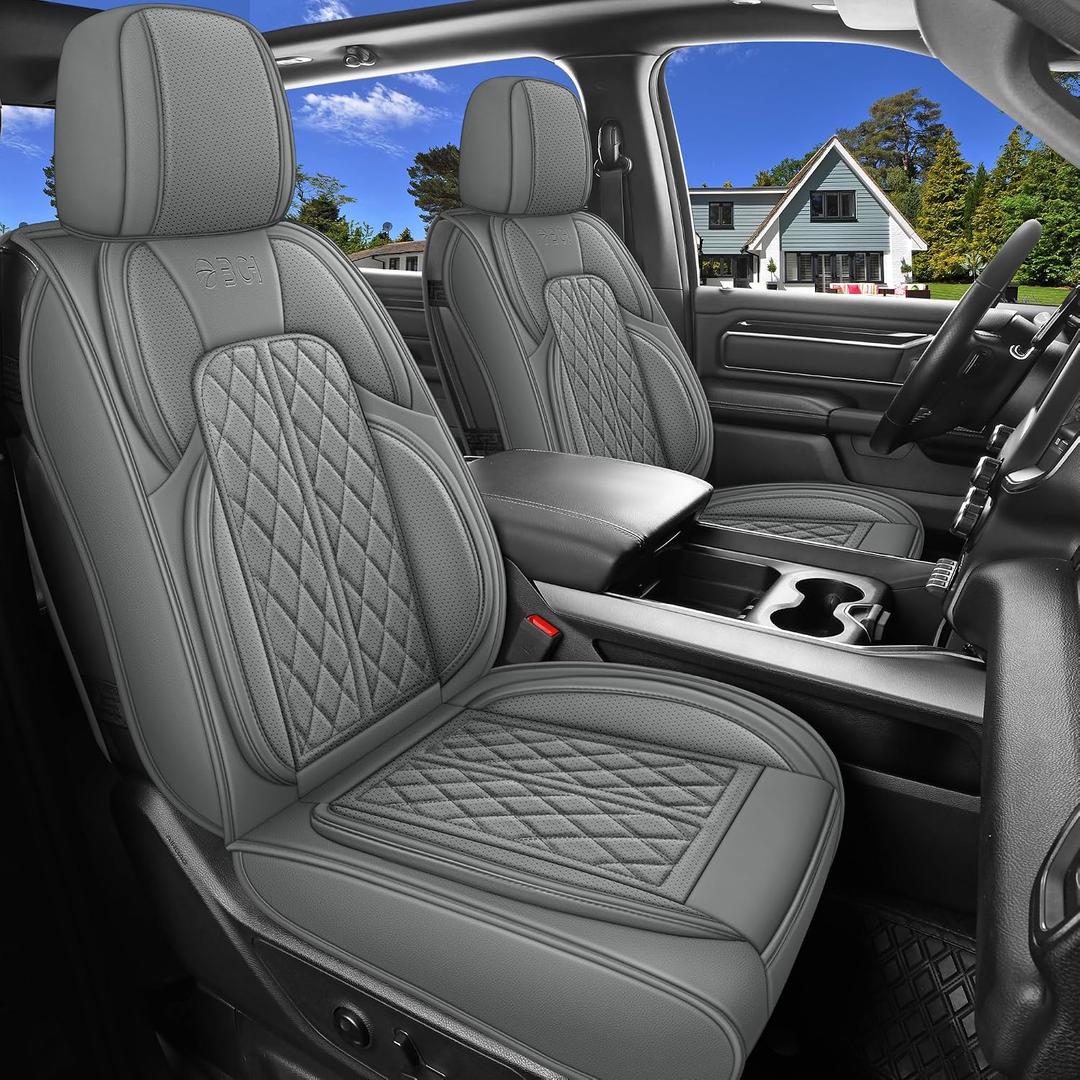 Car Seat Cover Custom Fit for Dodge Ram 1500 2500 3500 2002-2026 Faux Leather Seat Cover Set Compatible with Crew Quad Regular Cab Pickup Truck Cushions (Grey, Front Seat)