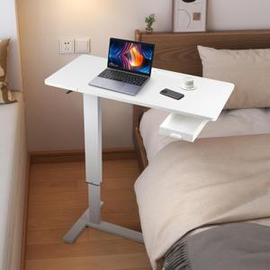 32" W x 16" D Fixed Desktop Overbed Table with Hidden Silent Wheel, Sturdy Metal and Wood, Moveable Bed Desk for Home,Office,Hospital Use (White)