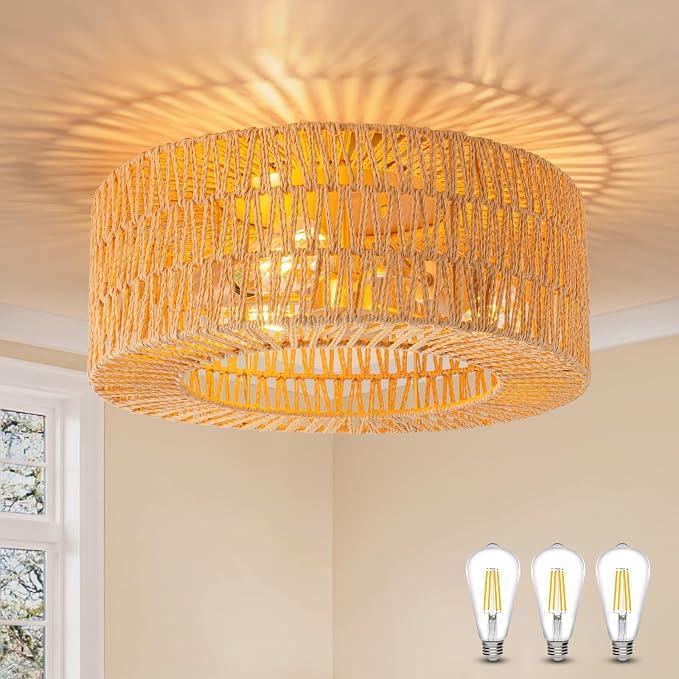 SineRise Flush Mount Ceiling Light (18-Inch, LED Bulb Included), Hand-Woven Boho Rattan Ceiling Light Fixture, 3-Light Rattan Chandelier for Hallway Kitchen Farmhouse Foyer Entryway Living Room(Gold)