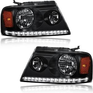 Headlights for 2004-2008 Ford F150 / 2006-2008 Lincoln Mark LT Pair Front Lights w/LED Running LIghts Replacement Headlamps Black Housing Amber Reflector