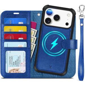 TUCCH 2-in-1 Detachable Wallet Case for iPhone 17 Pro (6.3-inch) 2025, RFID Blocking 4 Card Slot | Wireless Charging | Wrist Strap | Kickstand | Magnetic | PU Leather | Protective Cover | Klein Blue
