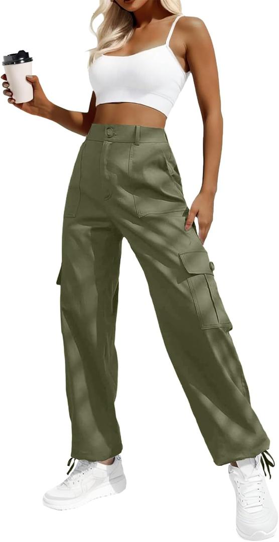 Lepunuo Women's High Waisted Cargo Pants Travel Y2K Streetwear Baggy Stretchy Pants with 6 Pockets Drawstring Ankle Cuffs (Large, Army Green)