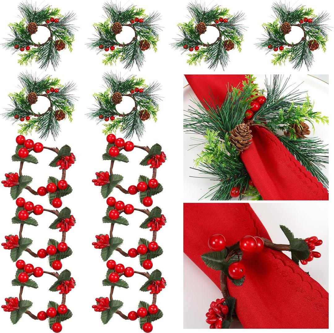 12 Pieces Christmas Napkin Rings Holder Pine Cones Poinsettia Pumpkin Wooden Napkin Rings Decor for Christmas Thanksgiving Birthday Party Supplies (Wreath Style)