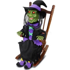 HugOutdoor Animated Halloween Decorations,Rocking Chair Witch Halloween Animatronics,Screaming Sound Glowing Red Eyes,Sound Activated,Scary Halloween Decor Outdoor Indoor (Witch Animatronics)