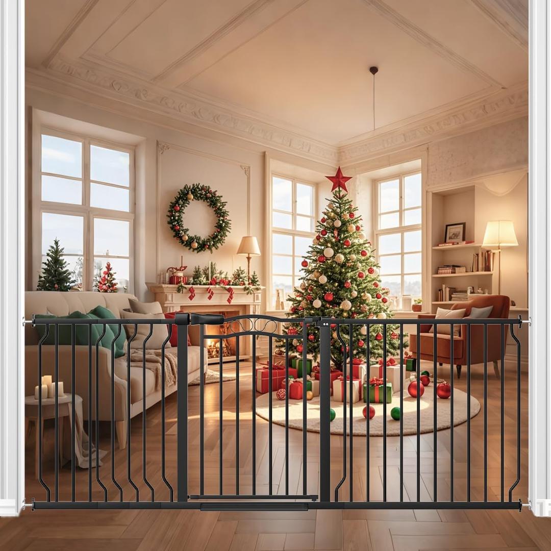 67.3-81.1" Extra Wide Baby Gate for Stairs No Drilling, 30" Tall Auto Close Press Mounted Baby Gate for Doorways, Adjustable Width Walk Through Long Gates for Kids or Pets, Black