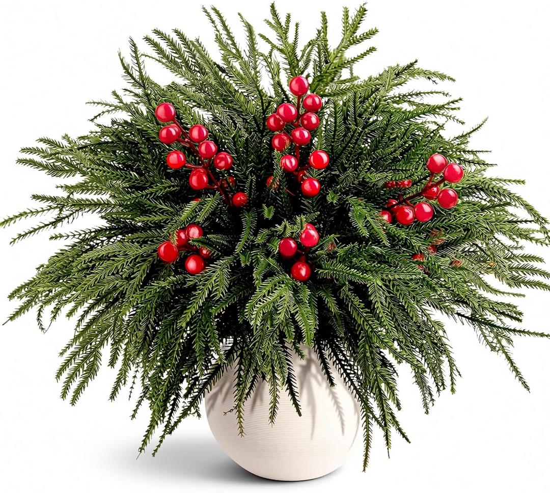 24Pcs Real Touch Christmas Norfolk Pine Stems, 18'' Artificial Christmas Greenery Stems Norfolk Pine Branches Red Berry, Faux Pines Picks for Vase DIY Garland Wreath Indoor Outdoor Home Xmas Decor