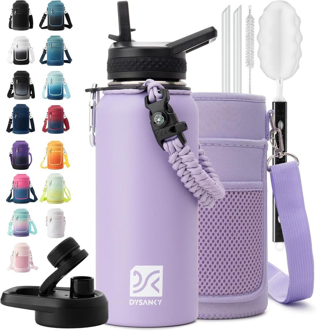 DYSANKY Insulated Water Bottle | Thickened Stainless Steel Vacuum Metal | Portable Sports Water Jug for Gym and Hiking with Straw, Carrier Bag, Handle Strap | BPA-Free 32 oz (Purple)