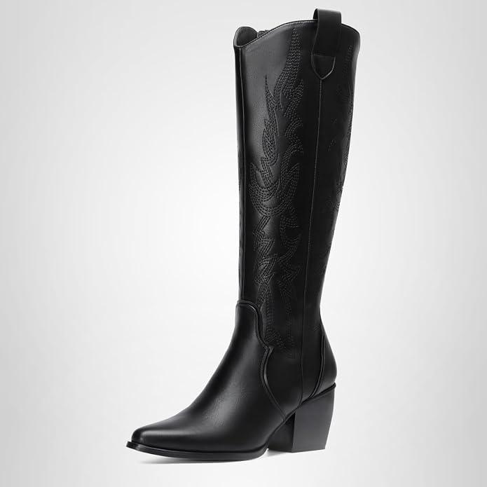 DREAM PAIRS Womens Cowboy Boots Wide Calf Comfortable Pull On Zipper Chunky Heel Pointed Toe Embroidered Western Cowgirl Knee High Boots Ladies Retro Tall Boot, Size 5.5, Black/ Pu