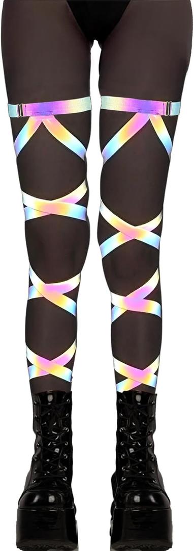 Reflective Rave Leg Wrap for Women - Adjustable Holographic Glow Straps Music Party Accessories EDC Concert Outfits (One Size)