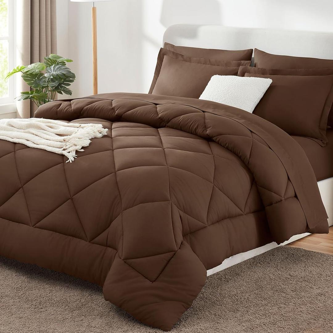 CozyLux Full Size Comforter Sets Brown - 7 Pieces Bed in a Bag Full, Luxury Soft Bed Set for All Seasons, Bedding Set with Down Alternative Comforter, Sheets, Pillowcases & Shams