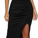 OWIN Women's Sexy Elegant Off Shoulder Sleeveless Side Slit Ruched Bodycon Wedding Guest Cocktail Party Midi Dress L Black