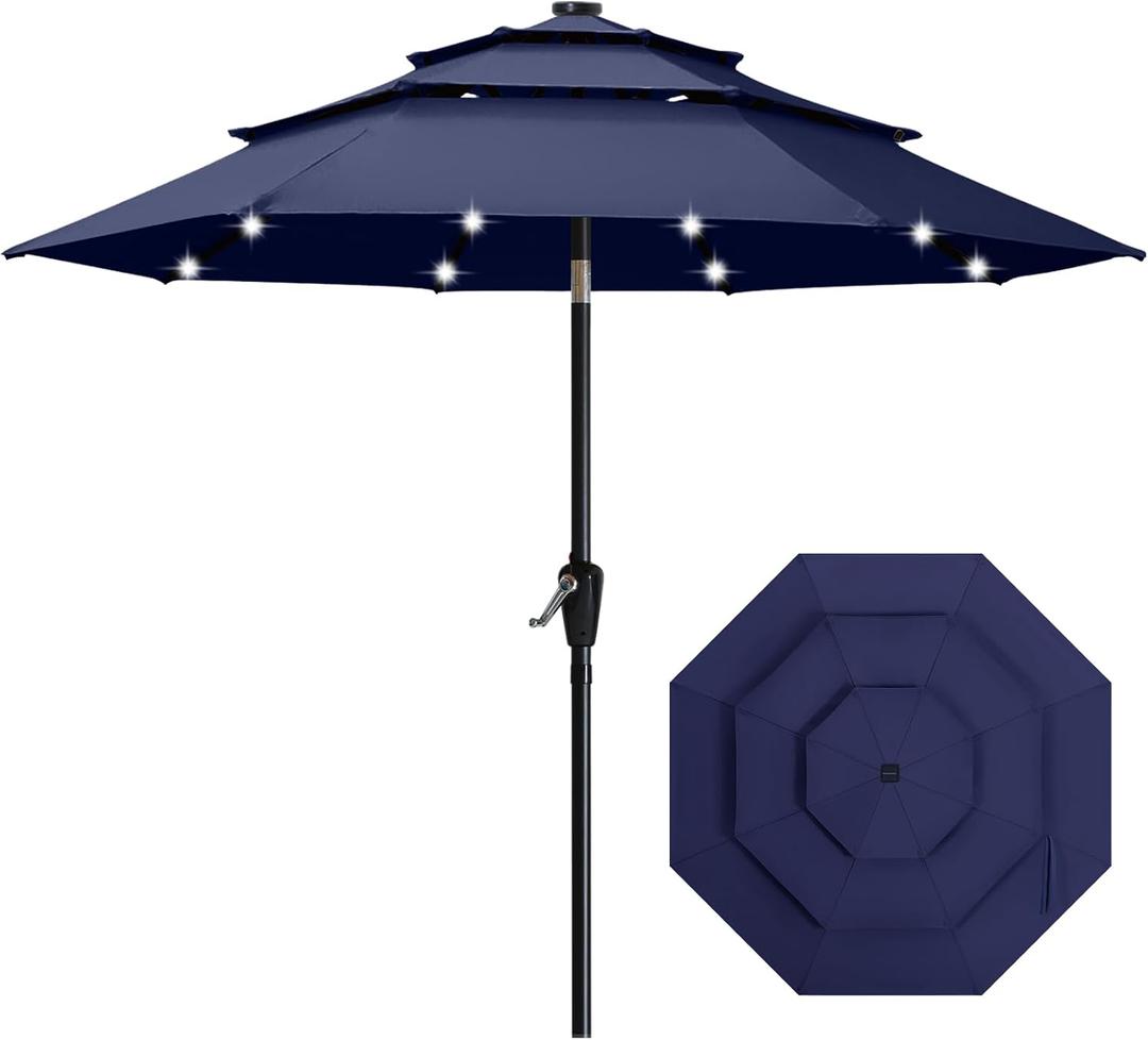 ABCCANOPY 11FT 3-Tier Solar Patio Umbrella, 32 LED Lights, Navy Blue 