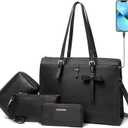 Keyli 4pc Sets Laptop Bag for Women Large Leather Laptop Briefcase with USB Charging Port Computer Shoulder tote Bags Purse (Black)