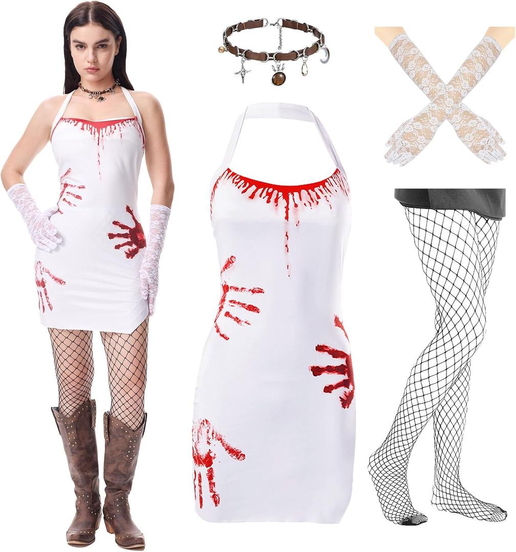 Bloody Dress Costume Women, with Necklace & Lace Gloves Sexy Fishnet Stockings Halloween Bloody Dresses (Large)