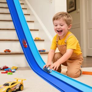 Flex Tracks 15 Ft Starter Set, Flexible Race Track for Kids 3+ with Strong Suction Cups, Flexible Car Track Race Car Ramp Track Compatible with 1/64 Diecast Cars, Portable Rolls Up Race Tracks