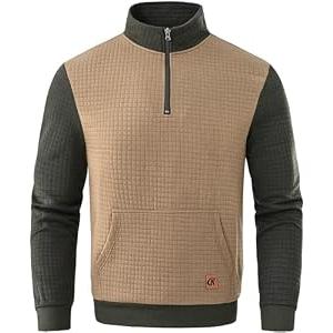 YuKaiChen Men's Long-Sleeve Quarter-Zip Casual Sweatshirt Square Pattern Armygreen/ Khaki 2XL