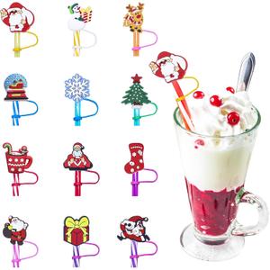 12 Pcs of Christams Straw Cover Cap, 8mm Cartoon Straw Cup Accessories, Reusable Silicone Dust Cover, Perfect for Holiday Parties