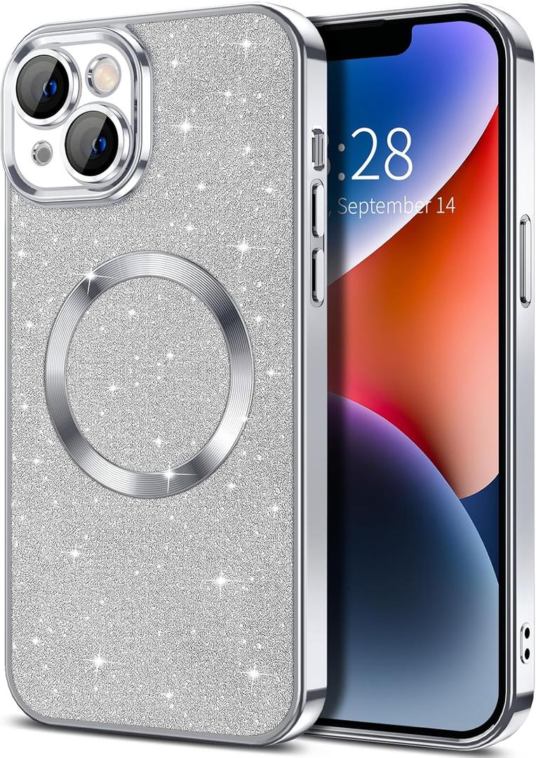 Hython for iPhone 14 Case Glitter, Clear Magnetic Phone Cases with Camera Lens Protector [Compatible with MagSafe] Bling Sparkle Plating Soft TPU Slim Shockproof Protective Cover Women Girls, Silver