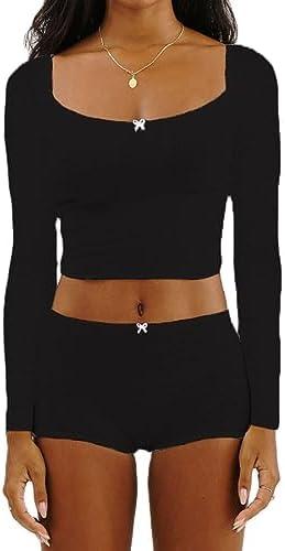 RUEWEY Womens Ribbed Knit Pajama Sets Long Sleeve Top and Shorts Matching Lounge Set PJ Set 2 Piece Outfits, Medium, A-Black