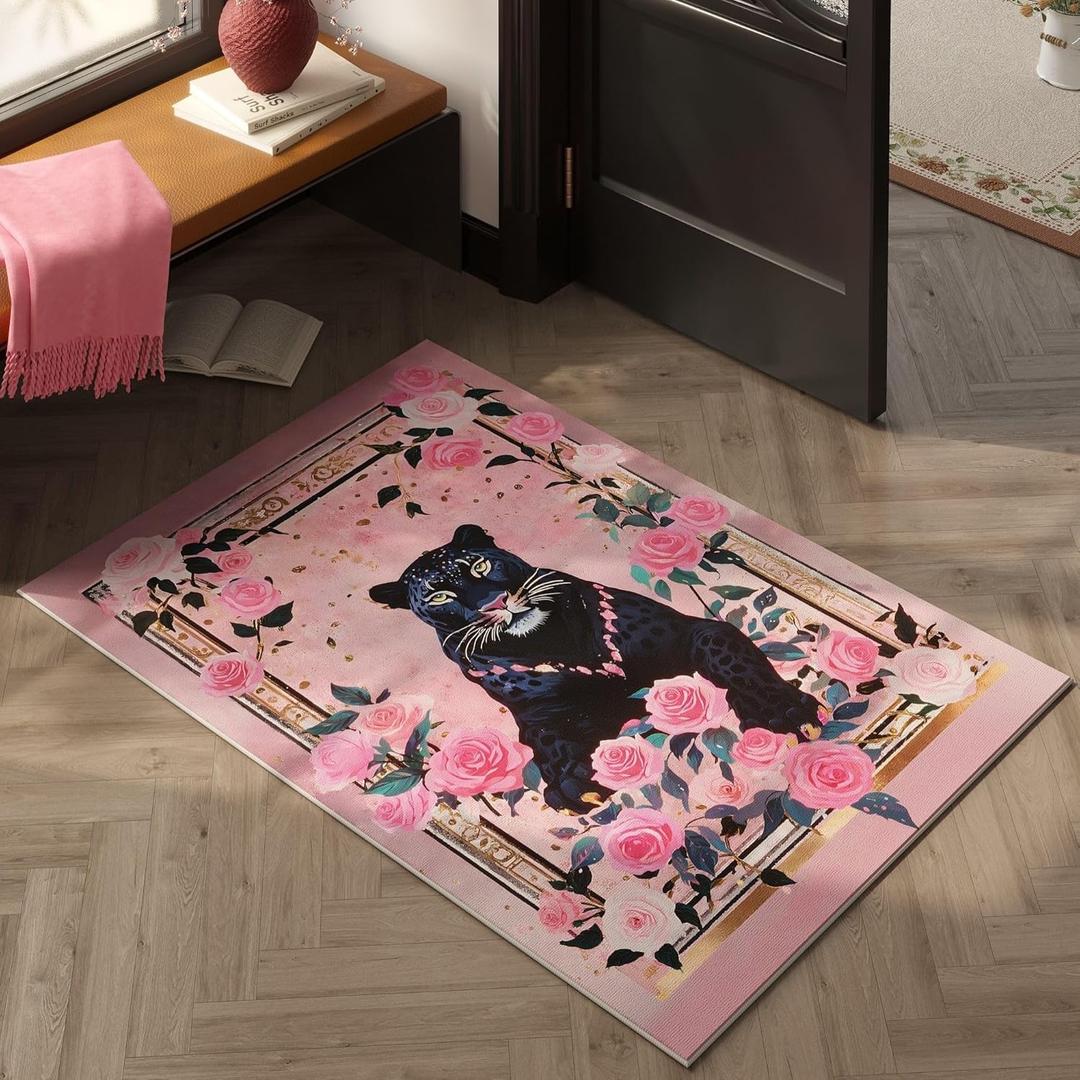 Door Mat Indoor Entrance 2x3 Rug Machine Washable Retro Lavish Leopard Animal Small Area Rug Non-Slip Low Pile Throw Rugs for Entryway, Kitchen, Front Door Indoor Entrance, Entry, Kids Room (Black Pink)