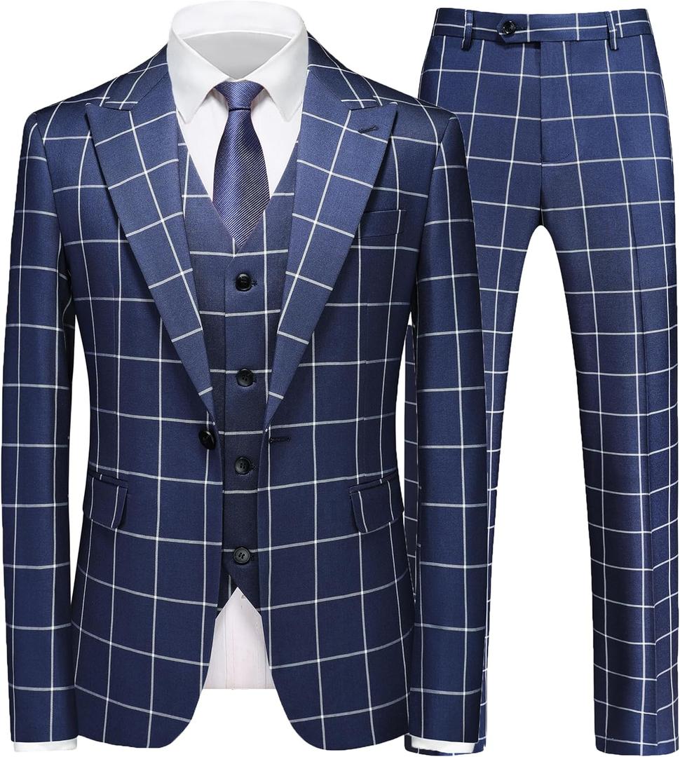 MOGU Mens 3 Piece Slim Fit Plaid Suit Blazer Jacket+Vest+Pants (40, Navy Blue)