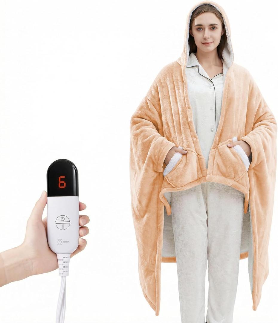 Heated Sherpa Wrap Shawl Hoodie, Electric Throw Blanket With pockets 7 Level Heating & 1-4 Hours Heating Time Settings, Suitable as a gift, 40 * 70", Yellow