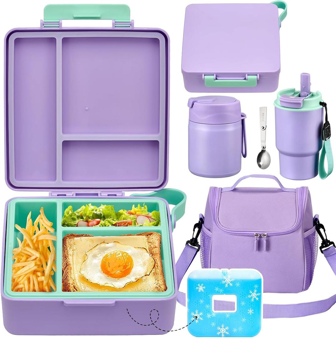 Pawtong Lunch Box Set with Bento Box Container, 17OZ Stainless Steel Food Soup Thermo, Kids Water Bottle & Portable Insulated Lunch Bag  Leakproof, Hot/Cold Retention for School, Travel (Purple)