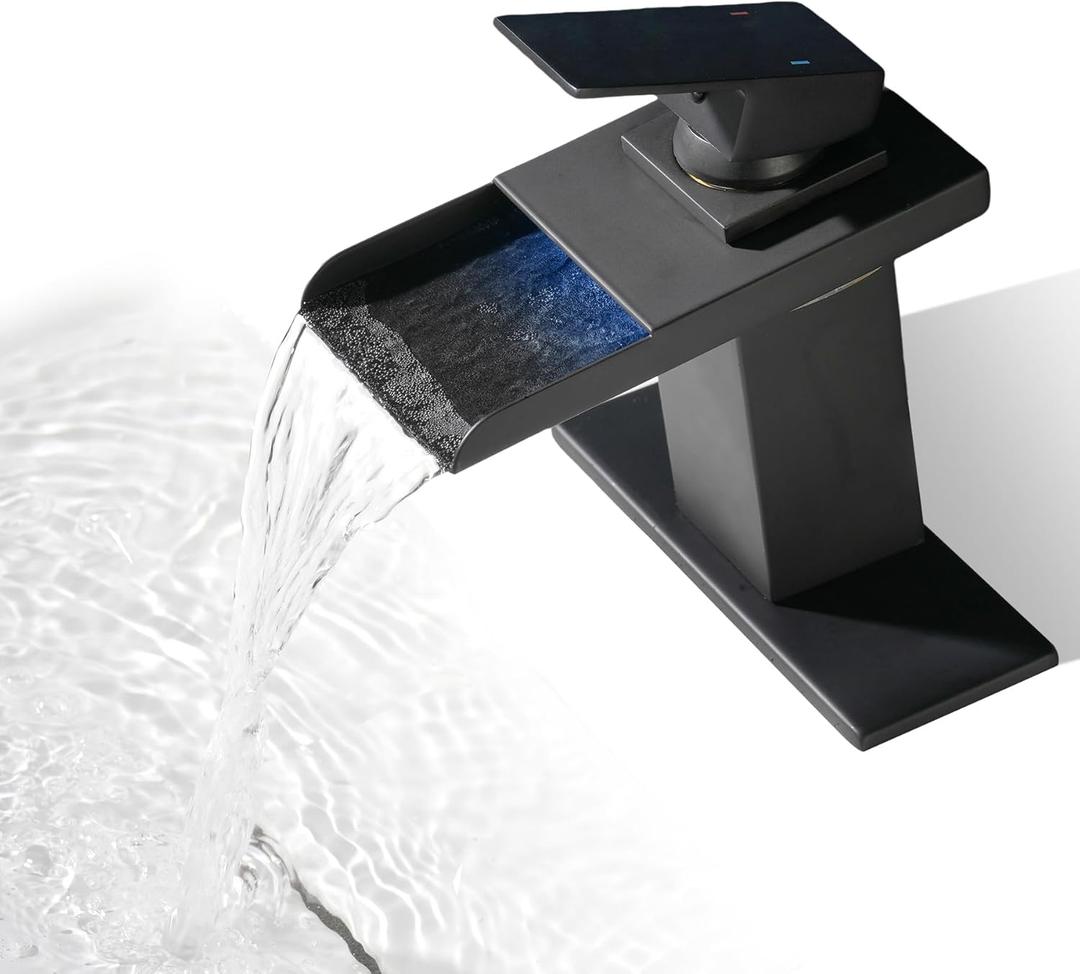 LED Bathroom Sink Faucet, Brushed Nickel Waterfall Single Hole Handle Vanity Faucets for Sinks 1 Hole with Metal Deck Plate and 2 Water Supply Lines, Stainless Steel Spout (Black)