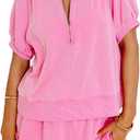 KevaMolly Women's 2 Piece Lounge Sets Casual Short Sleeve Outfits Half Zip Puff Sleeve Top and Ruffled Shorts Set (Pink),  Small
