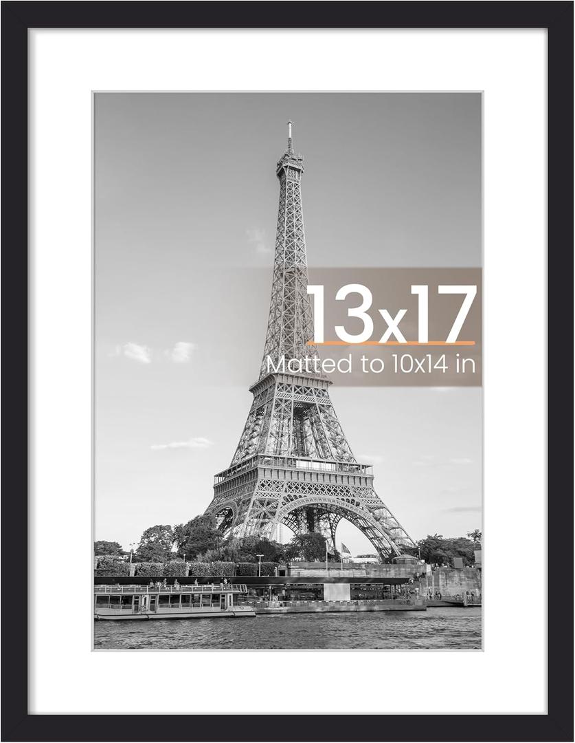 upsimples 13x17 Picture Frame, Display Pictures 10x14 with Mat or 13x17 Without, Wall Hanging Photo Frame, Black, 1 Pack