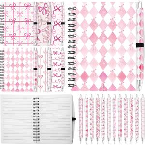 3 x Sinload 12 Pcs Pink Bow Ballpoint Pens with 3 Notebooks, Black Ink Set | Coquette Preppy Aesthetic Supplies for Girls, Cute Writing Gift for School Office Birthday, Spiral Notebooks with Holder
