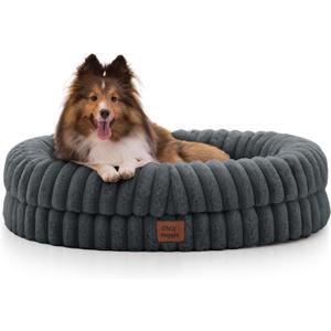ChiXnuggle Dog Bed Medium Sized Dog - Luxury Striped Faux Fur Waterproof Pet Couch with Removable Washable Cover, Orthopedic Pet Bed with Bolster Sides for Sleeping, Dark Grey