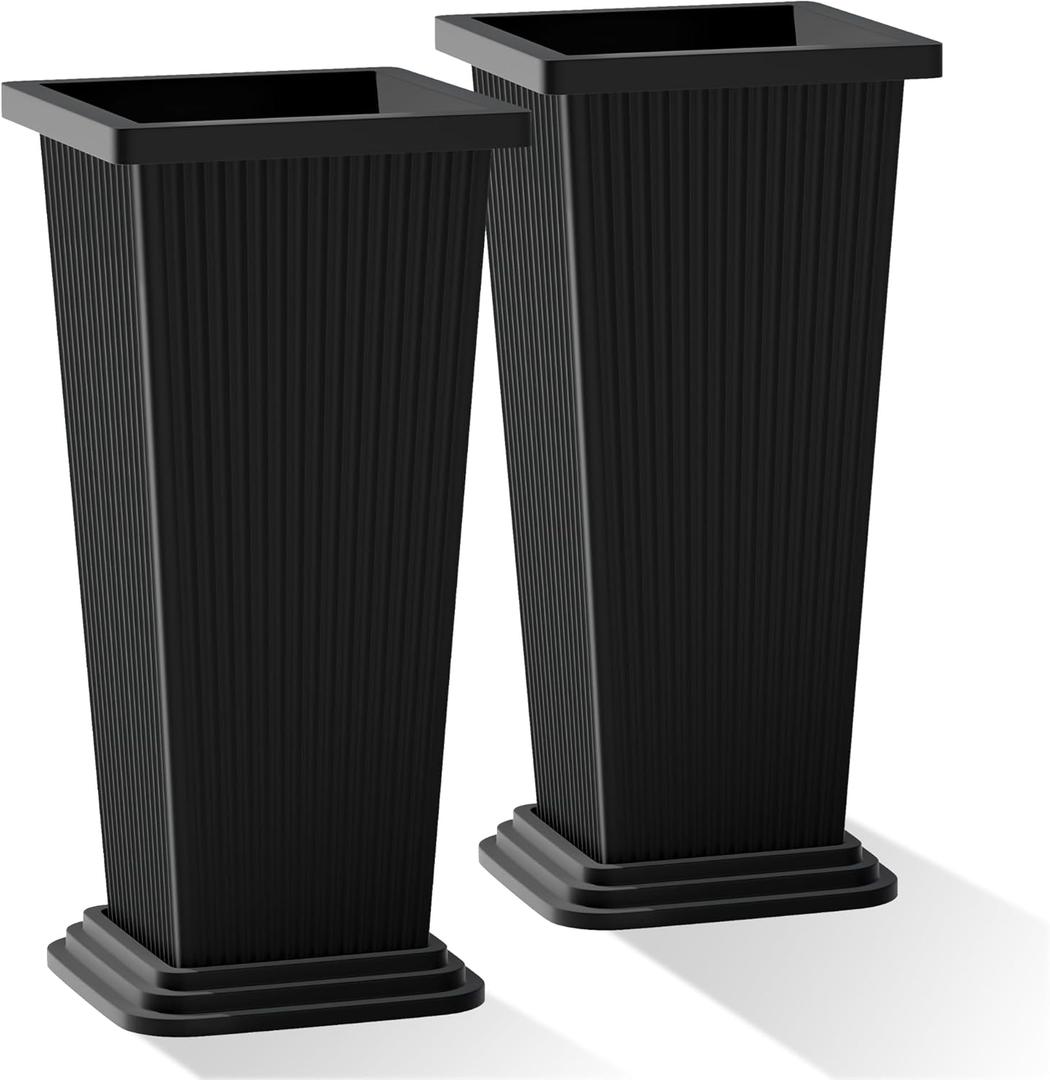 Tall Black Planters Outdoor Set of 2, Large Outdoor Tall Planters Pots with Tray, Modern Tapered Flower Planter for Front Porch, Patio, Garden (24", Ribbed)