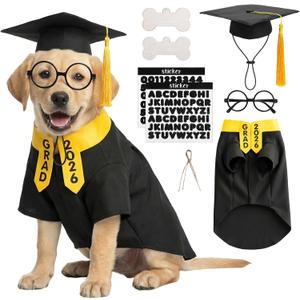 2026 Dog Graduation Costume Set, Pet Graduation Gown with Stole, Grad Cap with Tassel, Glasses, DIY Letter Stickers & Bone Name Tags, Graduation Outfit for Dogs Cats, S