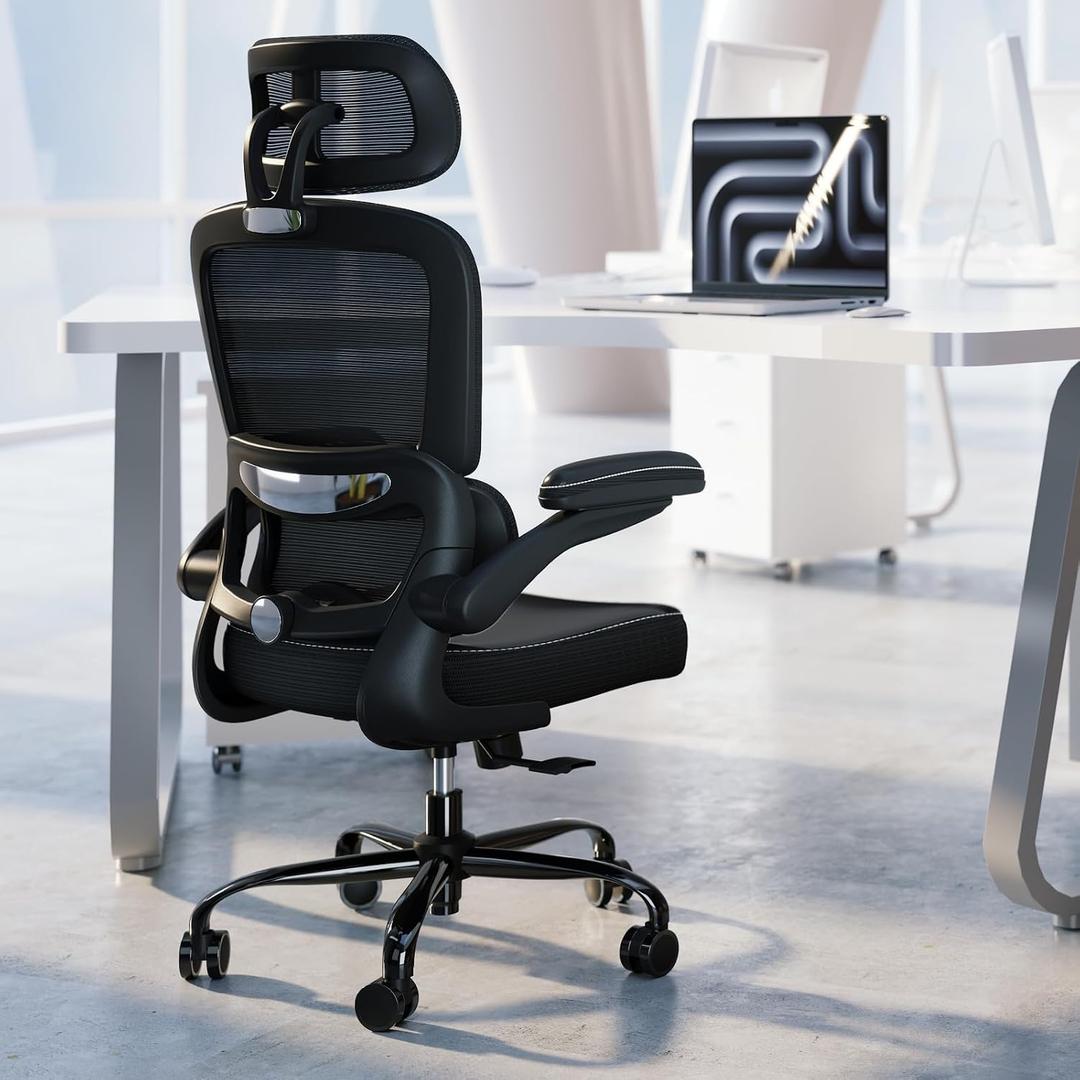 TRALT Ergonomic Office Chair - Desk Chair with Adjustable Headrest Lumbar Support Computer Chair - Mesh Comfy Chair with Flip-up Armrests - Gaming Chairs for Adults Home Office (Leather, Black), Pack of 1