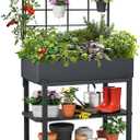 Metal Raised Garden Bed with Trellis & 2-Tier Storage Shelf, Elevated Planter Box with Legs -Includes 3 Flower Pots, Outdoor Vertical Garden for Vegetables Herbs Climbing Plants Patio Balcony, 37 Inches X 12 Inches X 62 Inches