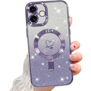 NITITOP Compatible with iPhone 16 Case Cute Clear Glitter [Compatible for MagSafe] Plating Heart Sparkle Bling Magnetic Girl Women Electroplated Frame Camera Protection Back Cover - Purple
