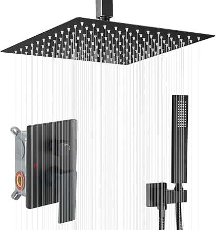 16 Inch Ceiling Mount Matte Black Shower System Bathroom Luxury Rain Mixer Shower Combo Set Ceiling Rainfall Shower Head System (Contain Shower Faucet Rough-in Valve Body and Trim Kit)