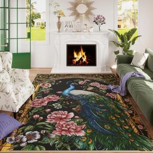 Area Rugs 8x10 Rug for Living Room Clearance Washable Floral Peacock Non Slip Vintage Low Pile Large Rug for Living Room, Bedroom, Farmhouse, Dining Room, Kids Playroom(Black)