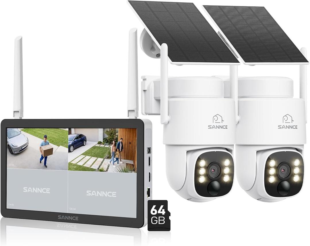 SANNCE 2K Wireless Solar Powered Camera System, 4K NVR with 2PCS 4MP Camera