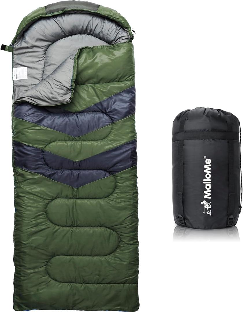 MalloMe Sleeping Bags for Adults Cold Weather & Warm - Backpacking Camping Sleeping Bag for Kids 10-12, Girls, Boys - Lightweight Compact Camping Essentials Gear Accessories Hiking Sleep Must Haves (0-45F XL Winter - Green)