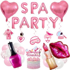 Spa Party Decorations Balloons Set Pink Spa Theme Birthday Decorations with Banners Lipstick Nail Polish Lip-Shaped Balloons for Girls Makeup Party Hot Pink