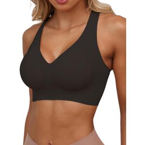 HORISUN Women Wireless Bras Seamless Cross Back V Neck No Underwire Bralette Comfort T Shirt Bra (Black, S)