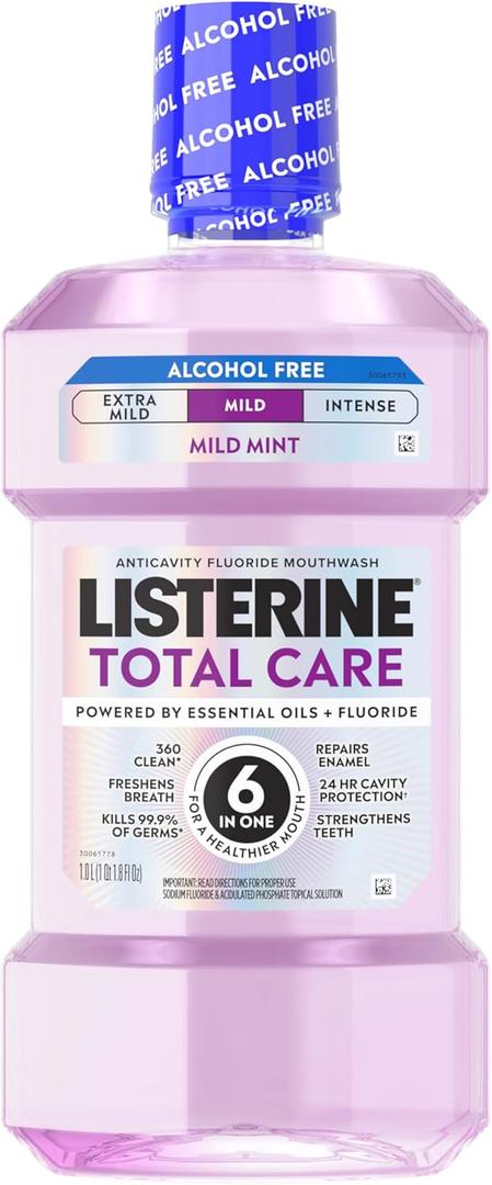 Listerine Total Care Alcohol-Free Mild Mouthwash, 6 Benefit Oral Rinse to Help Kill 99.9% of Germs That Cause Bad Breath, Strengthen Enamel, Mild Mint Flavor, 1 L (33.8 Fl Oz (Pack of 1))