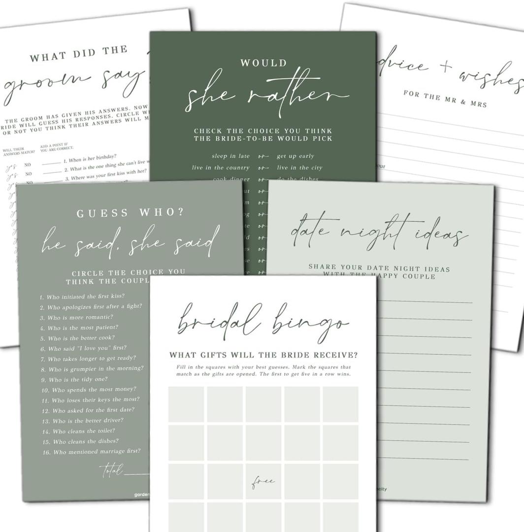GardenCity Bridal Shower Games  Set of 6 Fun Bridal Shower Games for 25 Guests, DoubleSided Cards, Sage Green