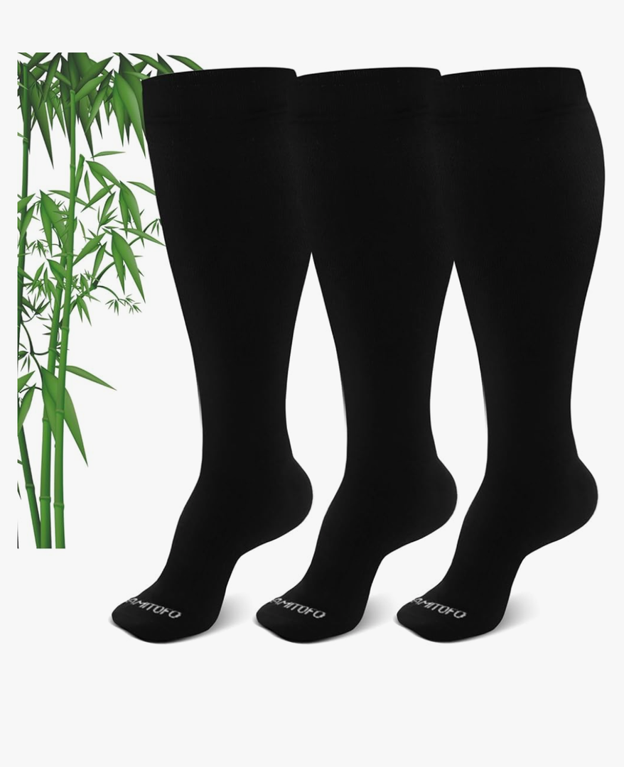 Plus Size Compression Socks: Viscose for Bamboo Wide Calf Compression Stockings for Men & Women - Extra Large 15-20 mmHg Knee High Socks Support 3 Pairs Black 3XLarge