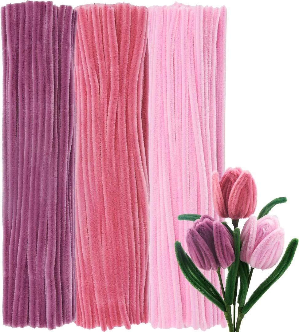300Pcs Pastel Pink Pipe Cleaners Craft Bulk, 12'' Long 0.3'' Thick Fluffy Chenille Stems Set for Flowers, 3 Assorted Colors Fuzzy Sticks for DIY Art, Gifts Making & Festive Decorations